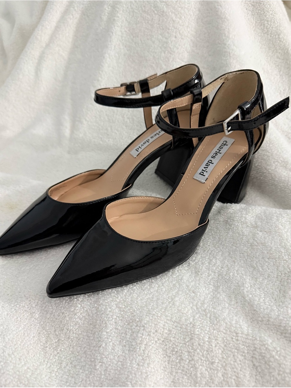 Charles David Black Patent Pointed Toe Ankle Strap Pumps